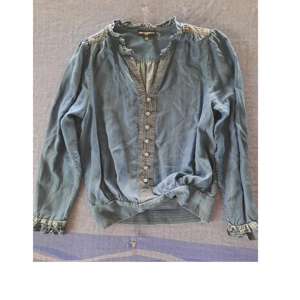 Karl Lagerfeld Paris Chambray Lyocell Ruffle V-Neck Smocked Waist Blouse Small